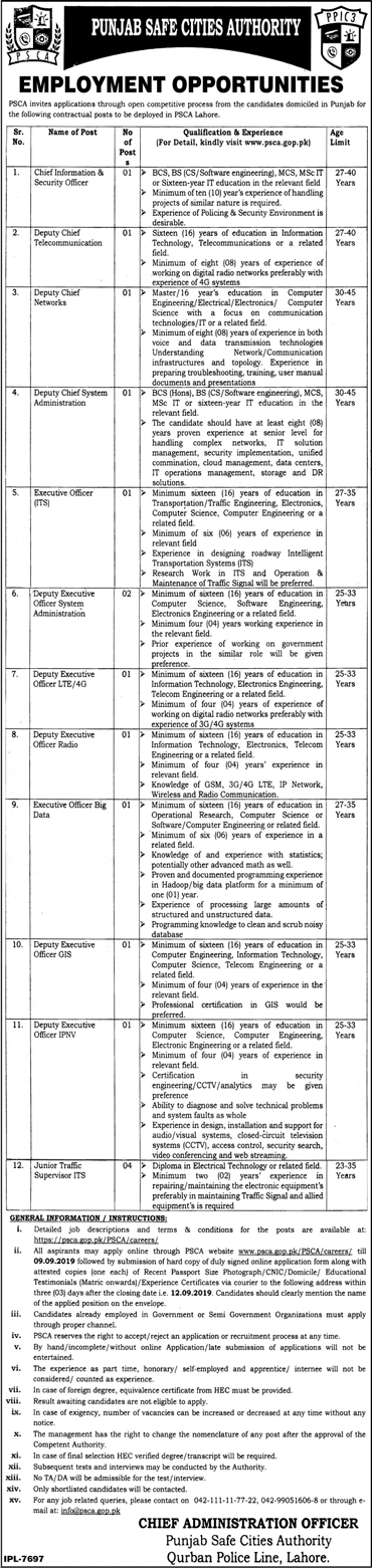 Punjab Safe Cities Authority PSCA Jobs 2019 Apply Online Eligibility Criteria