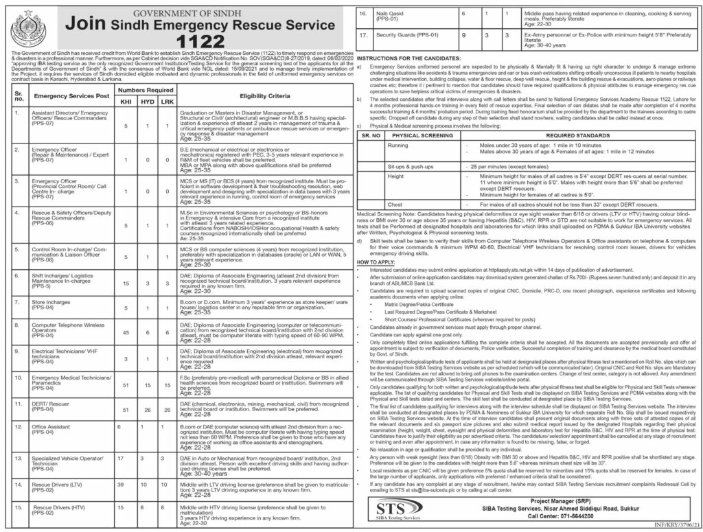 Sindh Rescue 1122 Jobs 2023 STS Apply Online