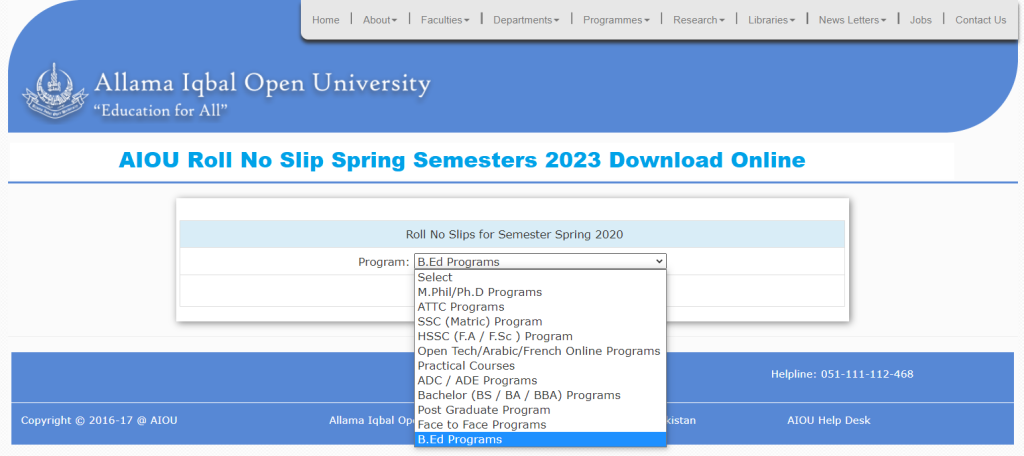 Allama Iqbal Open University AIOU Roll No Slip 2023 Autumn Semesters