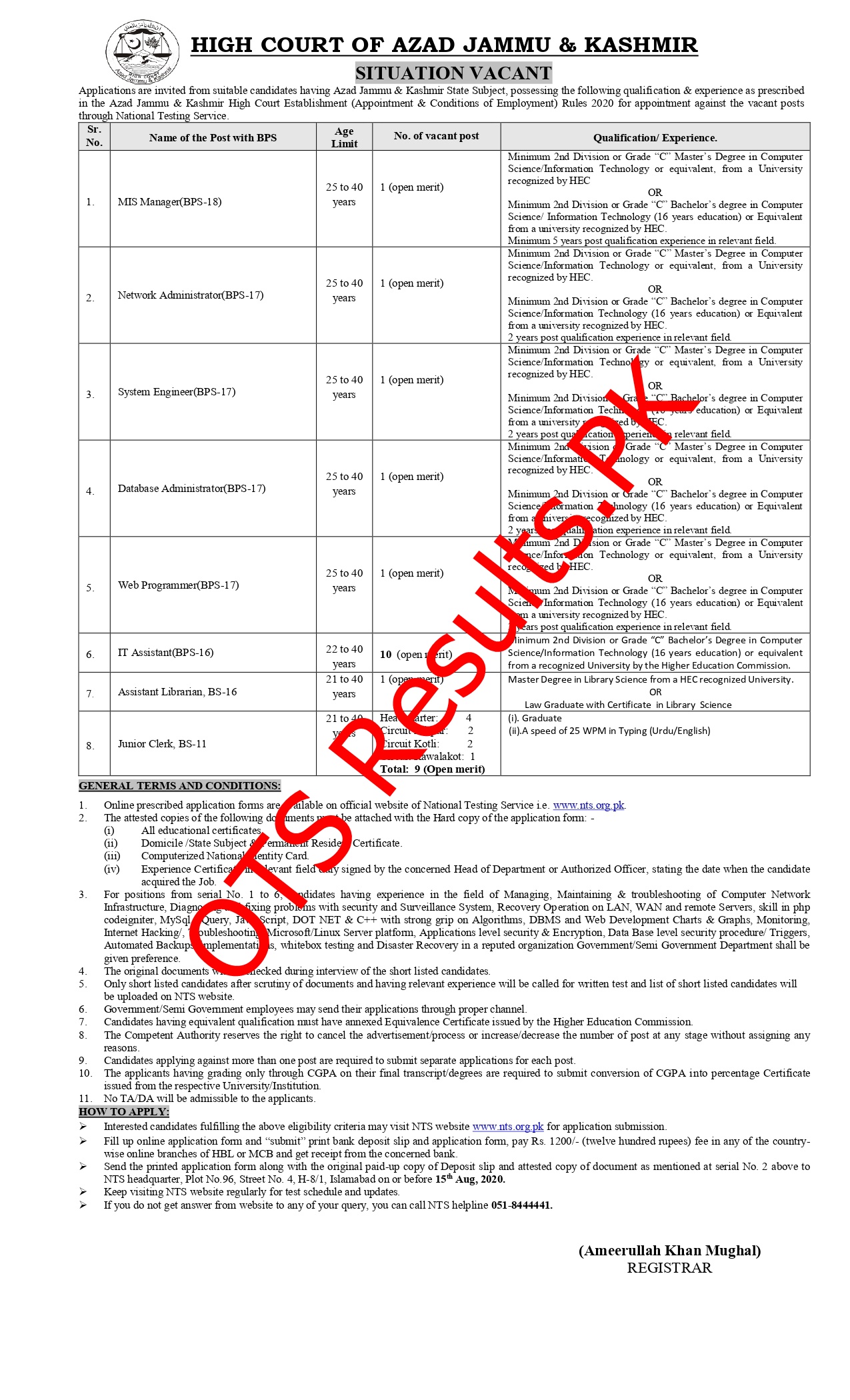 Azad Jammu & Kashmir AJK High Court NTS Jobs 2024 Apply online