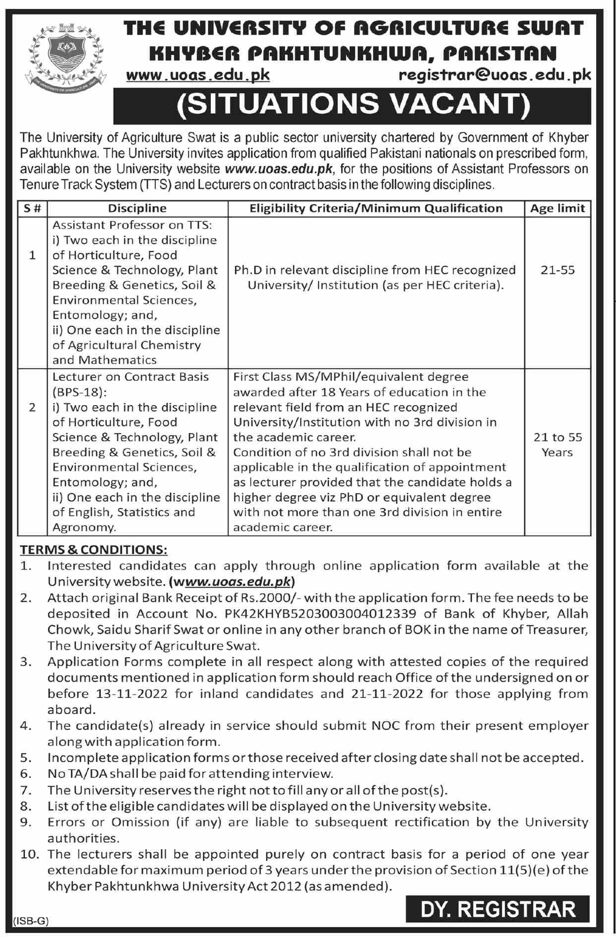 University Of Agriculture Swat Jobs 