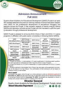 QAED Islamabad B.Ed Admissions