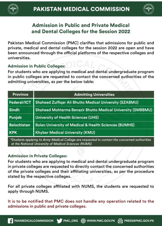 PMC BDS Admissions 2022