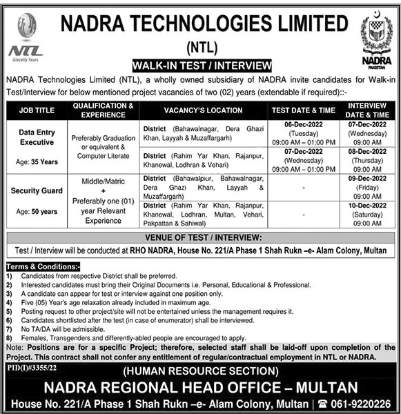 NADRA Jobs 2023 Multan