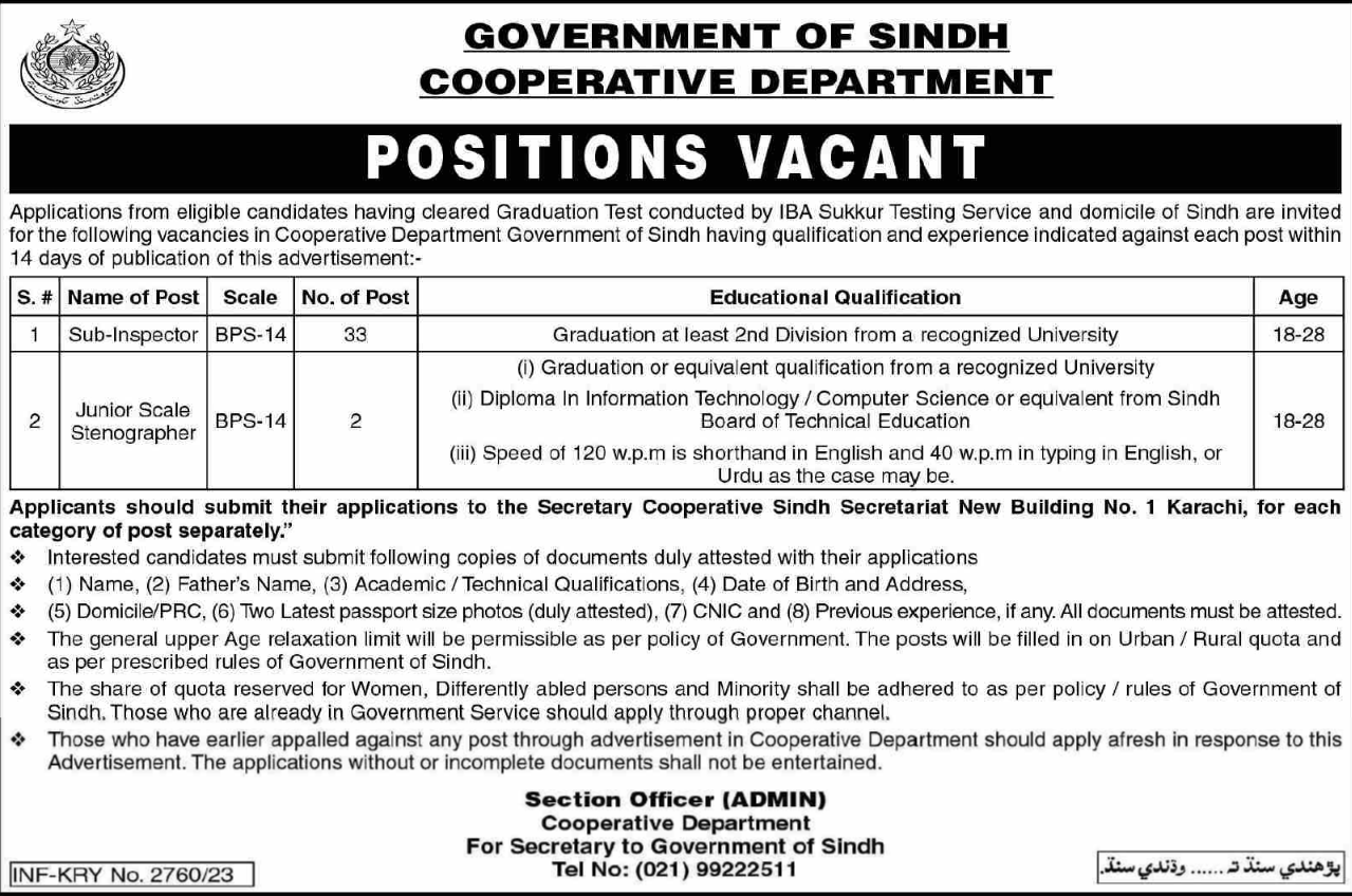  Cooperative Department Sindh Jobs 