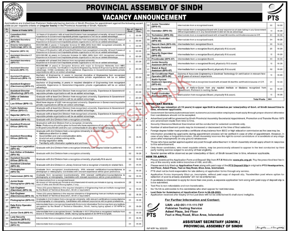 PTS Sindh Provincial Assembly Jobs 2023 Online Apply