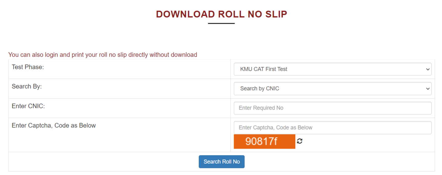 KMU CAT Roll No Slip 2024 Download Candidates List