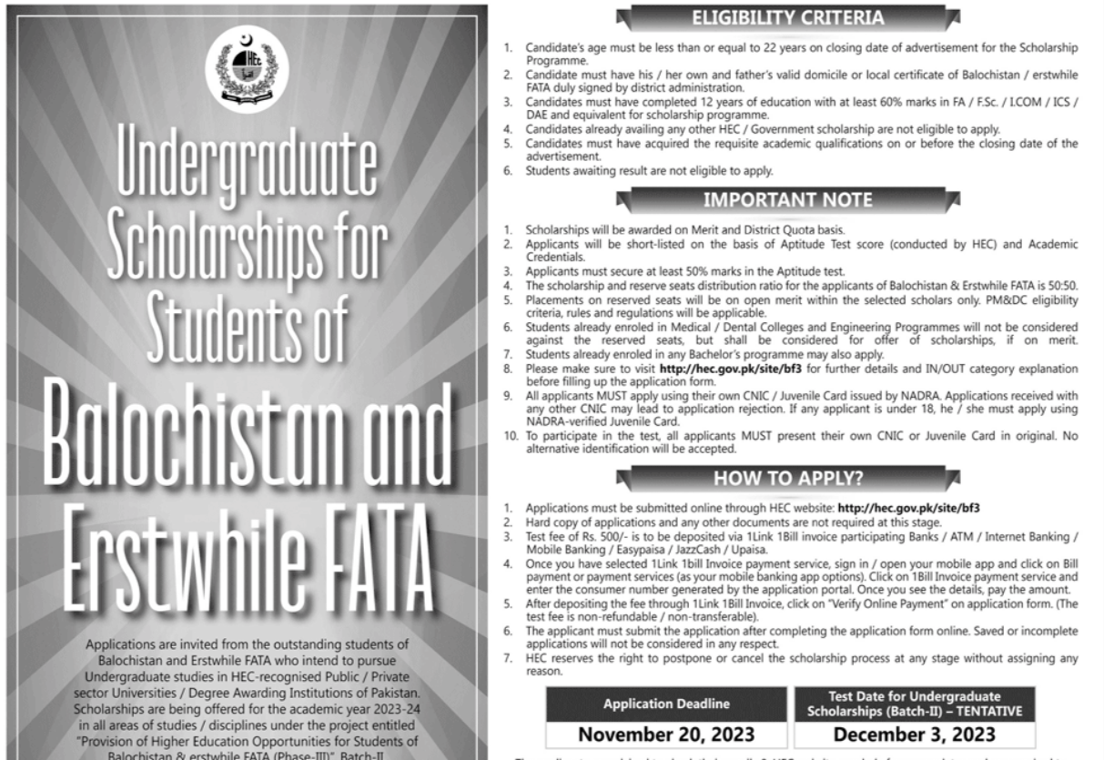 HEC Undergraduate Scholarships for Balochistan and Erstwhile FATA [Apply online]